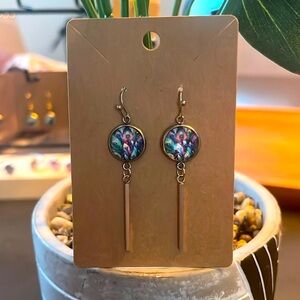 Hand Crafted Neon Peacock Feather Design Drop Earrings